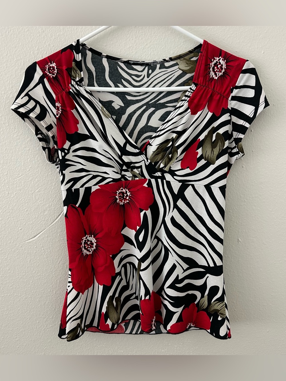 Vintage 90s Y2K Zebra Red Poppy Floral Babydoll Top Sz S Surplice Going Out Glam